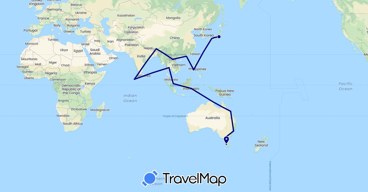 TravelMap itinerary: driving in Australia, Bhutan, China, Indonesia, Japan, Laos, Maldives, New Zealand, Philippines, Singapore, Thailand (Asia, Oceania)